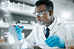 Black man, research and tube for test sample, focus and thinking for cure, innovation and diagnosis. African American male, researcher or scientist with vial, data analysis or decision for experiment