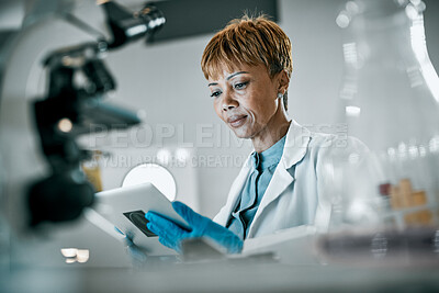 Buy stock photo Healthcare, science and black woman with tablet for research, medical report and experiment results. Medicine, laboratory and scientist with digital tech for data analysis, lab study and biotech test