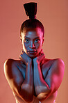Portrait, hair and kaleidoscope with a model black woman in studio on a neon background for beauty. Art, makeup and style with an attractive young female posing indoor for culture or cosmetics
