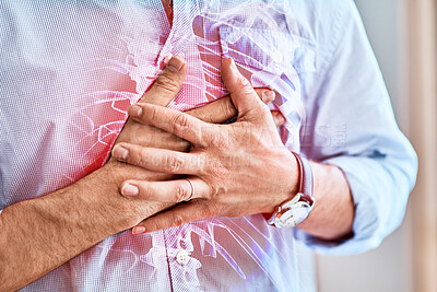 Man with chest pain, injury or medical accident for heart attack, inflammation or sprain. Healthcare, medicare and male with sickness, problem or illness with a health risk or cardiovascular disease.