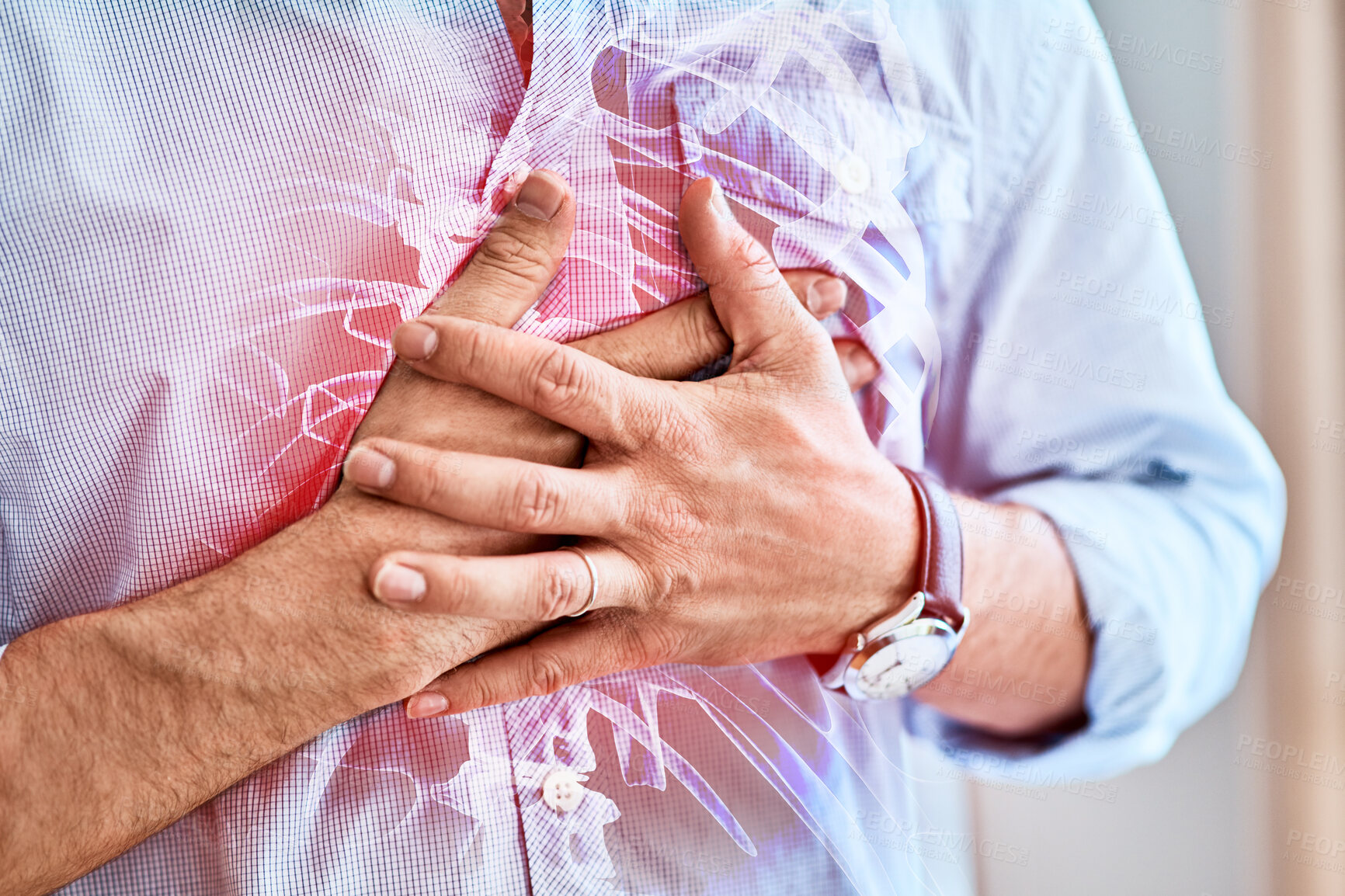 Buy stock photo Man with chest pain, injury or medical accident for heart attack, inflammation or sprain. Healthcare, medicare and male with sickness, problem or illness with a health risk or cardiovascular disease.