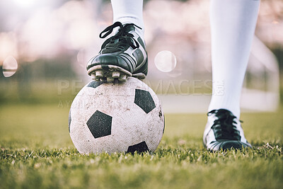 Buy stock photo Soccer ball, football player shoes and grass field of athlete feet ready for exercise and sport. Fitness, lawn and sneakers for goal training, health and workout sports for arena game outdoor
