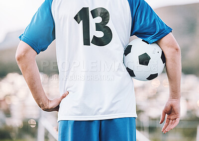 Buy stock photo Back, soccer and man with ball, training and ready for competition, wellness and healthy lifestyle. Football, male athlete and player prepare for match, practice and fitness for cardio and endurance 