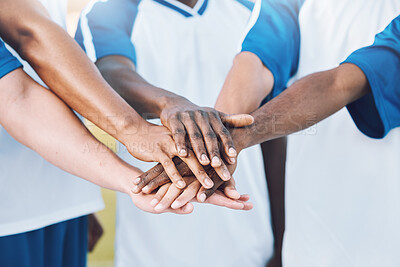 Buy stock photo Sports, teamwork and stack of hands for soccer for support, motivation and community on field. Collaboration, team building and group of players ready for game success, training and match celebration