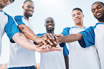 Buy stock photo Sports, soccer and stack of hands of team for support, motivation and community on field. Collaboration, team building and happy group of players ready for game success, training and goals for match