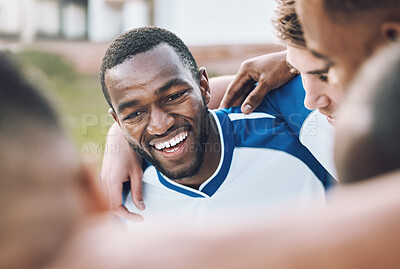 Buy stock photo Black man, soccer team and football athlete outdoor in group hug before sports game on field. Sport training, teamwork and excited African player happy about fitness exercise and workout with people