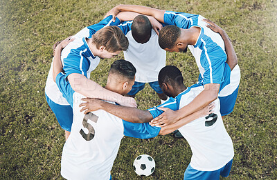 Buy stock photo Soccer men, huddle and motivation for sports competition or game with teamwork on a field. Football group people with planning strategy, support and trust for collaboration with diversity at training