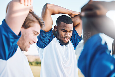 Buy stock photo Football, sports and stretching with a team outdoor on a field getting ready together for a competitive game. Soccer, fitness and warm up with a male sport group of friends on a pitch before a match