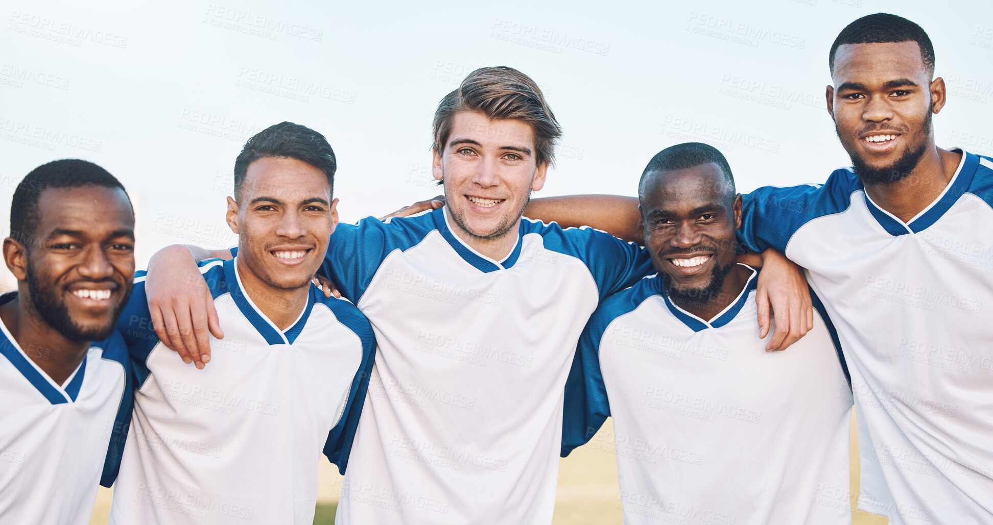 Buy stock photo Football portrait, teamwork and people support, mission and strategy for game, competition and training in diversity. Excited, happy and face of men hug together for workout, soccer or outdoor sports