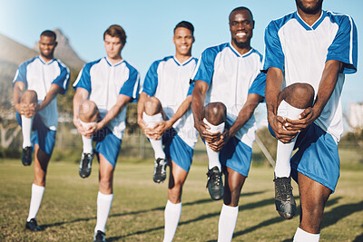 Buy stock photo Soccer men, team stretching and training for sports competition or game with teamwork on a field. Football group people doing warm up exercise or workout for performance and fitness goals  on grass