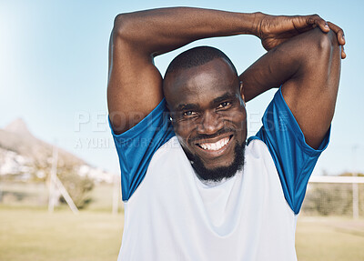 Buy stock photo Black man, soccer player and portrait of a athlete outdoor ready for exercise and fitness. Game workout, happy person and smile of a male feeling healthy from sports performance and runner goal