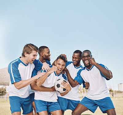 Buy stock photo Soccer, team portrait and men celebrate winning at sports competition or game with teamwork on field. Football champion group excited for celebration of goal, performance and fitness achievement 