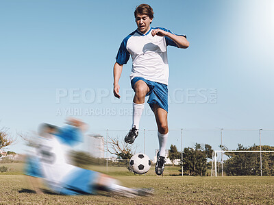 Buy stock photo Soccer, tackle and motion blur with a sports man running on a field during a competitive game or training. Football, fitness or health and a male athlete or player on a pitch with an opponent