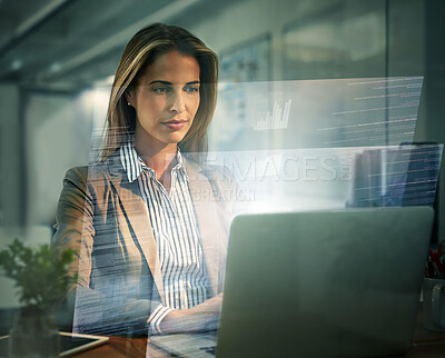 Buy stock photo Overlay, laptop and finance with a business woman accountant working on a ux interface in her office. Computer, accounting and stock market with a female trader at work on foreign exchange investment