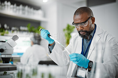 Buy stock photo Man, thinking or pipette for test tubes in laboratory, medical science research or gmo food engineering. Worker, dropper or plant scientist and biology glass equipment in sustainability leaf research
