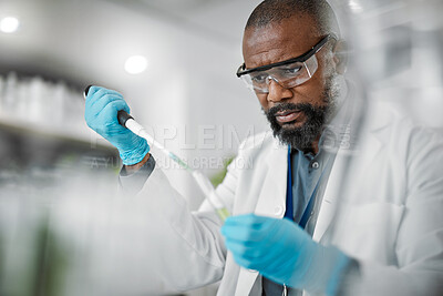 Buy stock photo Scientist man, thinking or test tubes in laboratory pharma, medical science research or gmo food engineering. Worker, dropper or pipette and biology glass equipment in sustainability plants research