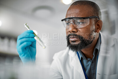 Buy stock photo Plant scientist, thinking or test tubes in laboratory pharma, medical science research or gmo food engineering. Worker, man or biologist with glass equipment in sustainability leaf or growth research