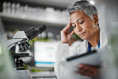 Buy stock photo Headache, stress and science woman in laboratory on tablet for plants pharmaceutical research or data results. Mental health, fatigue and burnout senior, scientist person sad or tired of risk report