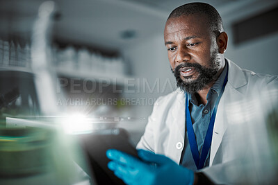 Buy stock photo Black man, tablet or thinking in science laboratory for medical research, innovation or ideas for genetic engineering. Plant scientist, worker or biologist with technology for sustainability research