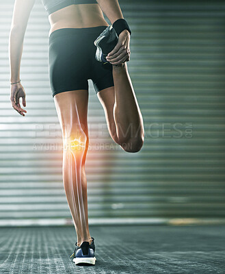 Buy stock photo Woman, stretching legs and knee injury in gym with joint pain with 3d overlay for wellness training. Fitness expert, x ray hologram for workout, exercise or health for performance with hurt muscle
