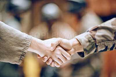 Buy stock photo Hands, soldier and handshake for partnership, deal or agreement in collaboration or trust together. Hand of army people shaking hands in support for friendship, community or unity in solidarity