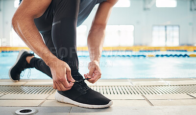 Buy stock photo Fitness, shoes and man getting ready for training, exercise or running with sports sneakers, fashion and energy. Feet of an athlete, runner or person tying his laces for cardio or workout motivation