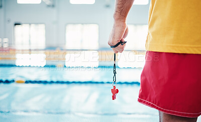 Buy stock photo Hands, lifeguard and whistle by swimming pool for water safety, security or ready for rescue indoors. Hand of expert swimmer holding signal tool for warning, safe swim or responsibility for awareness