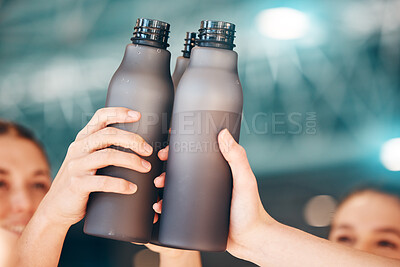 Buy stock photo Hands, fitness and cheers with bottle water for team training, exercise or workout achievement in sports. Hand of sport group celebration touching bottles for drinking, hydration or winning in unity