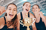 Sports, champion and portrait of women with a trophy for water polo, competition and success. Winner, happy and athlete group with a smile to celebrate an award for sport, winning and achievement