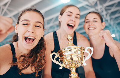 Buy stock photo Sports, champion and portrait of women with a trophy for water polo, competition and success. Winner, happy and athlete group with a smile to celebrate an award for sport, winning and achievement