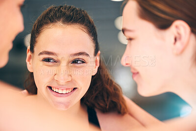 Buy stock photo Happy, conversation and girl with friends at waterpolo training, fitness and smile at sports. Communication, face and group of athlete people at practice for sport, talking and laughing together