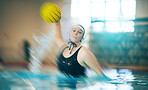 Water polo, sports and portrait of a woman with a ball for a competition, game and training. Fitness, strong and athlete girl throwing with a blur, action and power during a professional match