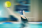 Swimming, water polo and woman athlete with a ball for a aqua competition, exercise or training. Sports, fitness and female swimmer doing a action challenge workout, game or match in a indoor pool.