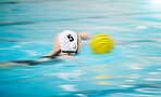 Sports, water polo and athlete swimming with a ball for a competition, exercise or hobby. Fitness, blur motion and swimmer training to play a professional sport game or match in a indoor pool.