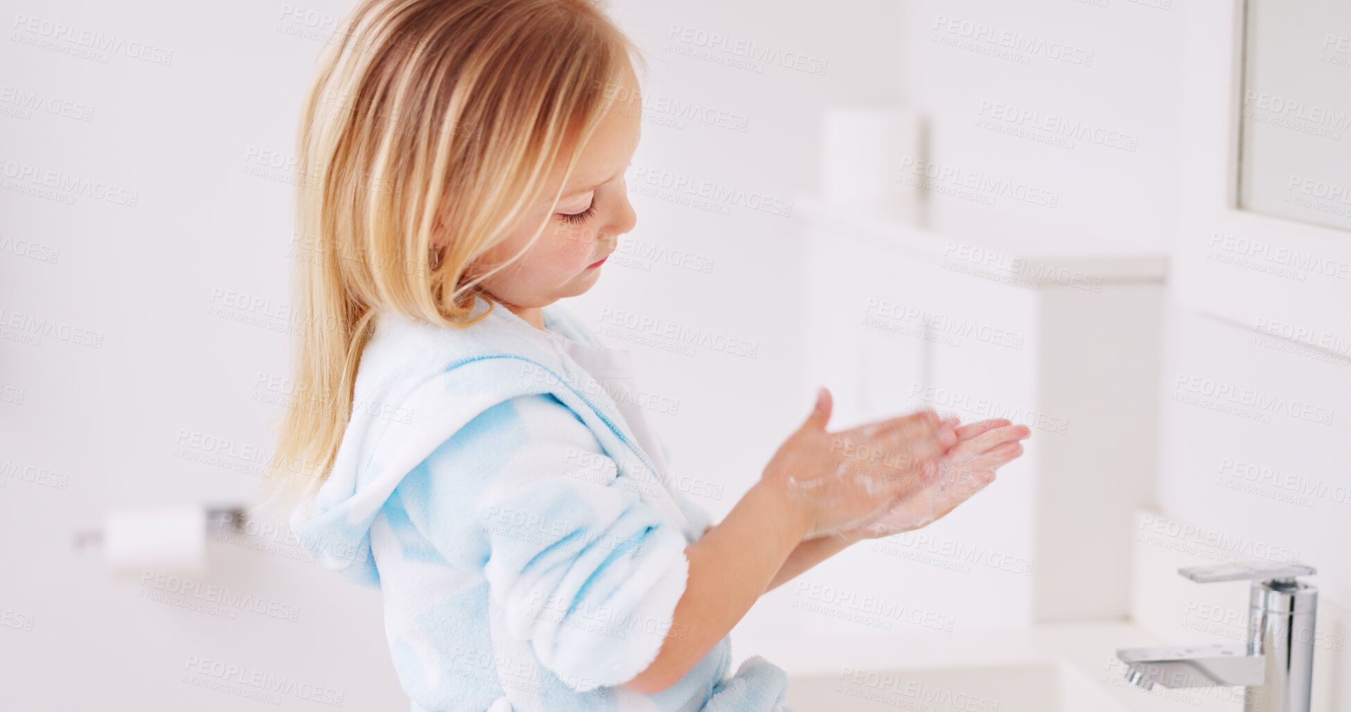 Buy stock photo Girl child, wash hands and bathroom with soap, foam and health in family home with water at faucet. Female kid, cleaning and safety to stop bacteria, virus or germs at sink, basin or hygiene in house
