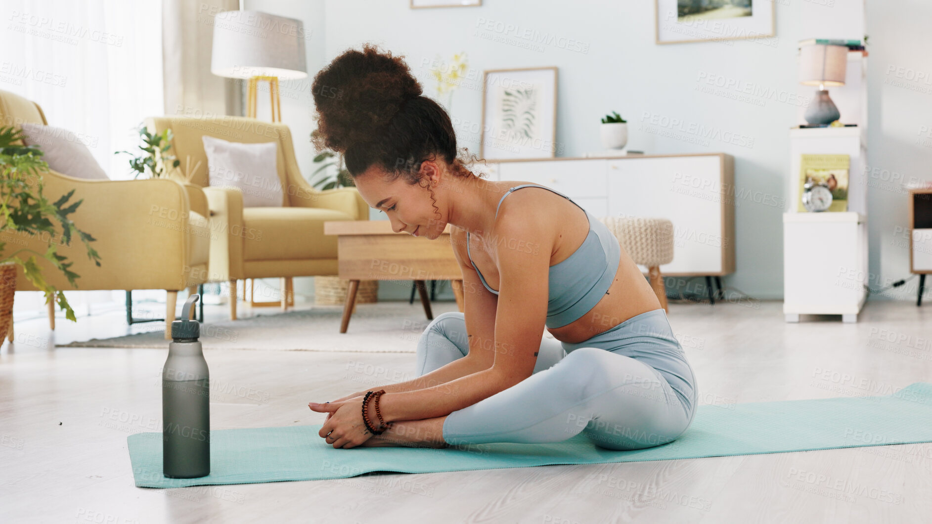 Buy stock photo Woman, yoga and meditation in zen, fitness or stretching body in workout or exercise in living room at home. Calm female person or yogi in relax, pilates or training for spiritual wellness on mat
