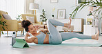Woman, tablet and yoga live streaming class for relax workout, exercise and training in house living room, home lockdown and quarantine. Zen, stretching and wellness yogi with technology for pilates