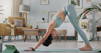Buy stock photo Woman, yoga and stretching body in fitness, exercise or zen workout for spiritual wellness in living room at home. Calm female person or yogi in warm up or training for health and awareness on mat