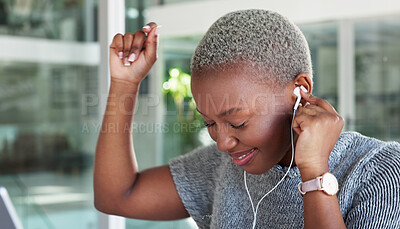 Buy stock photo Employee, earphones and listening to music dancing in an office to celebrate company success or good news. Streaming, excited and happy black woman with smile streaming radio or audio at workplace