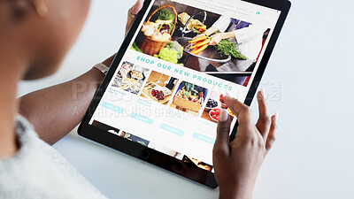 Social media, food and blog by woman influencer on digital tablet, checking homepage design and layout. Health, diet and female nutritionist posting health tips vegan trends, searching online content