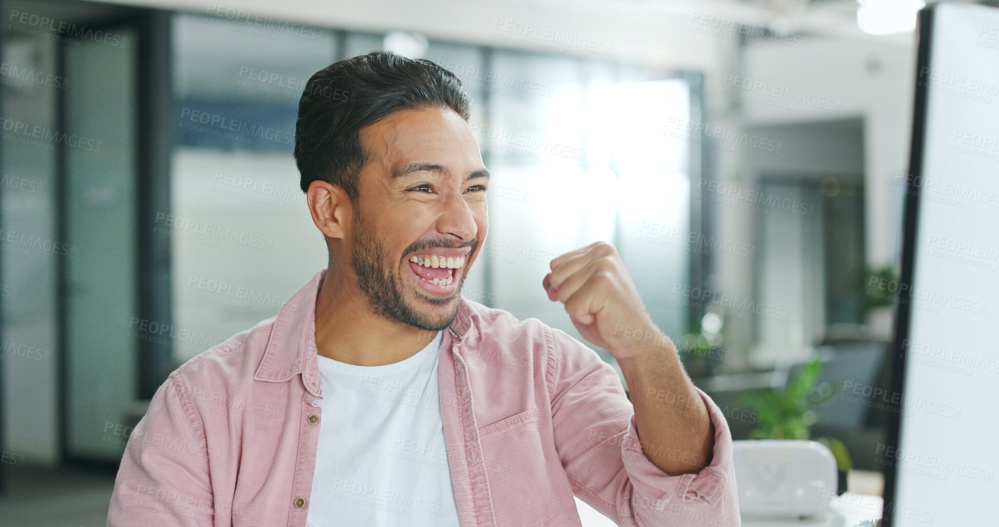 Buy stock photo Success, computer and celebration by a businessman winning a goal or target in his office at work. Wow, achievement and happy employee working on online deal, sales promotion in a startup company