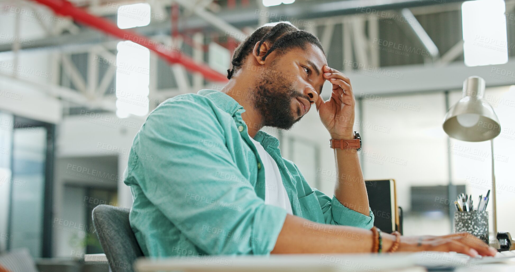 Buy stock photo Stress, thinking and headache with black man in office for 404 glitch, exhausted and fatigue. Anxiety, burnout and mental health with person in creative agency for frustrated, mistake and problem