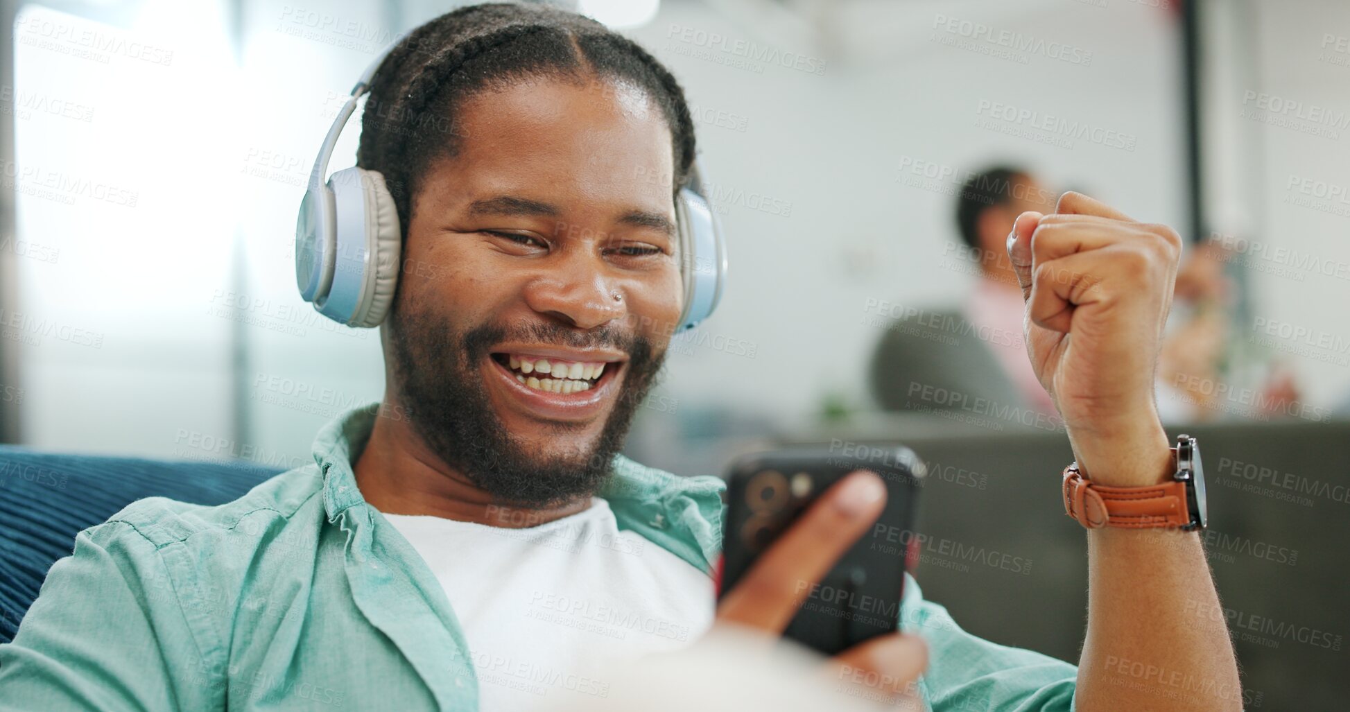 Buy stock photo Black man, phone and fist celebration for winning, goal and profit in trading, fintech and excited for success on app. Investor, smartphone and winner with smile, bonus or prize in online competition