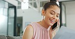 Phone, call and conversation of a woman on a mobile talking with happy communication. Happiness, technology and person smile while speaking on a online discussion on a phone call networking