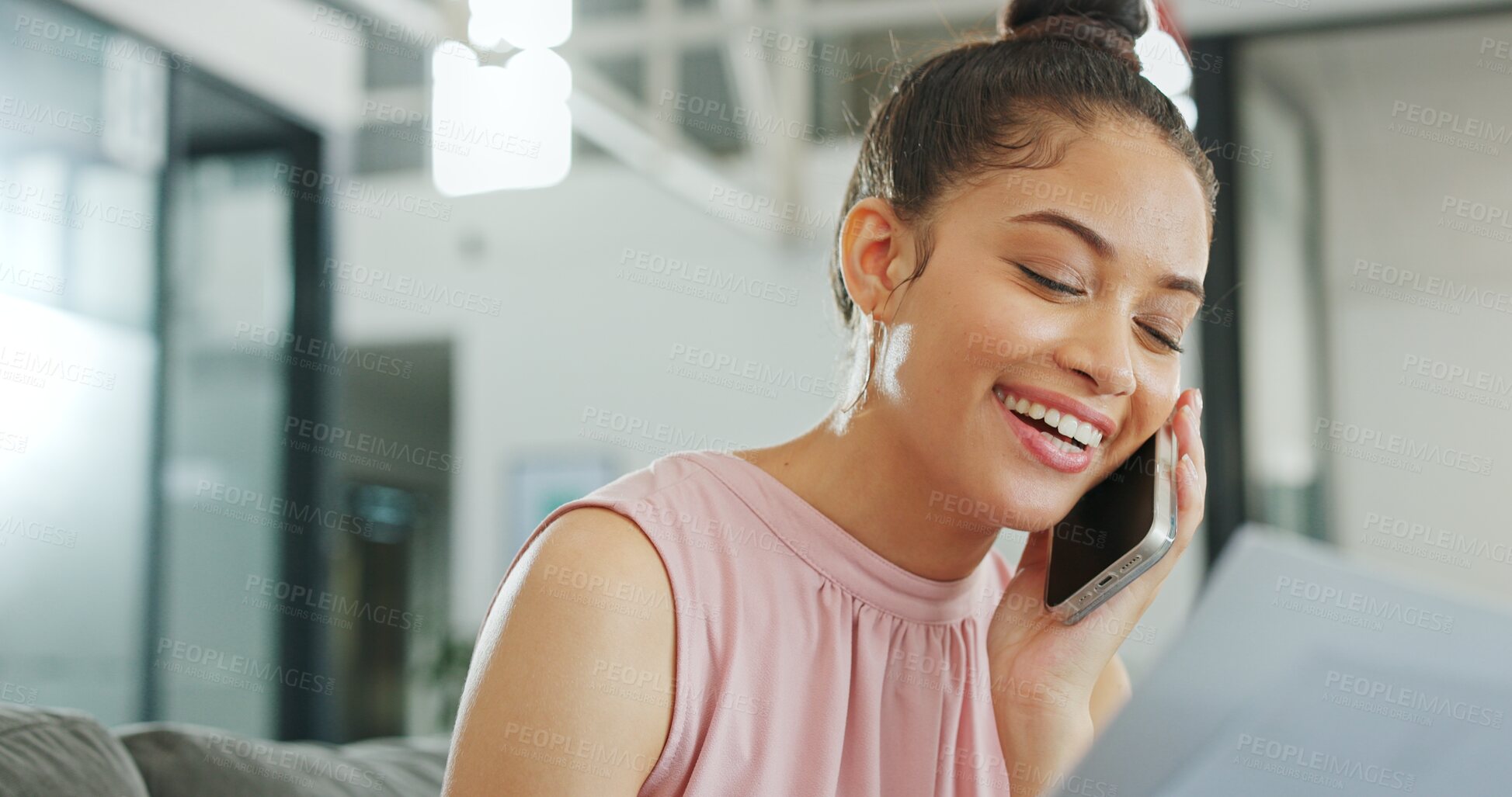 Buy stock photo Young business woman, phone call and documents with smile, reading and negotiation in office. HR expert, smartphone chat and networking with mobile connection, contract or interview in workplace