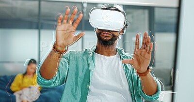 Virtual reality, cyber vr metaverse and black man work on futuristic dashboard, augmented reality or ai software. Digital transformation, headset and creative graphic designer with future simulation