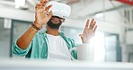 Virtual reality, cyber vr metaverse and black man work on futuristic dashboard, augmented reality or ai software. Digital transformation, headset and creative graphic designer with future simulation