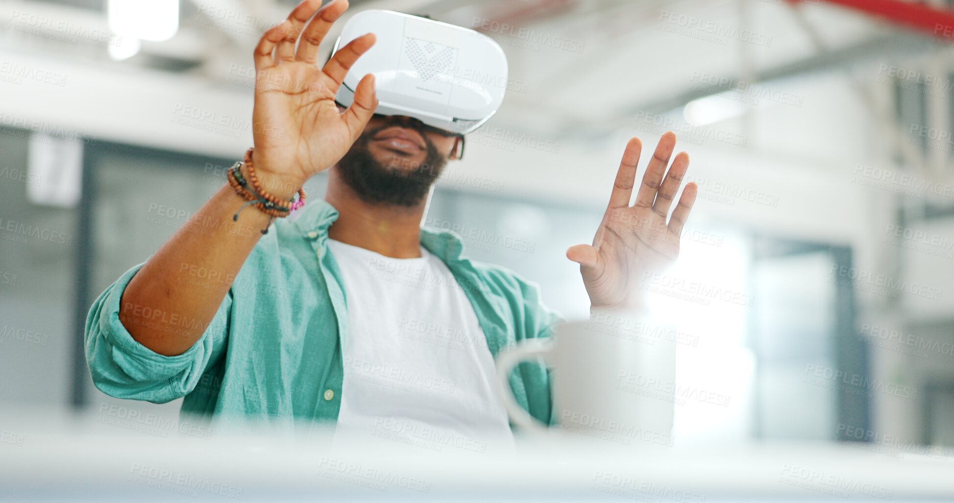 Buy stock photo Virtual reality, metaverse and man with ux developer goggles for futuristic, digital transformation or ai data. Work, vr design and development of future simulation and innovation for user experience