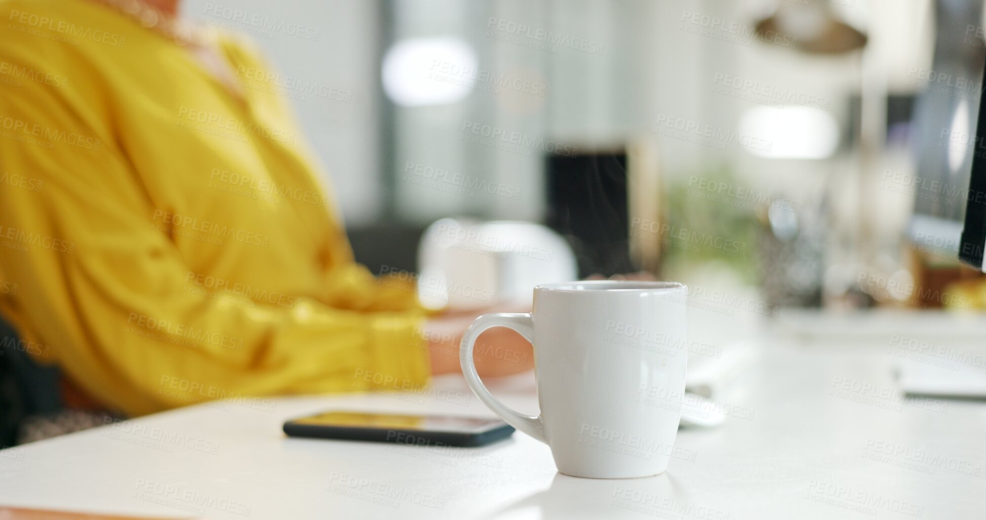 Buy stock photo Coffee, business and person in office by computer working on sales or marketing project. Tea mug, pc and employee relax with espresso, cappuccino or caffeine drink at company desk and workplace