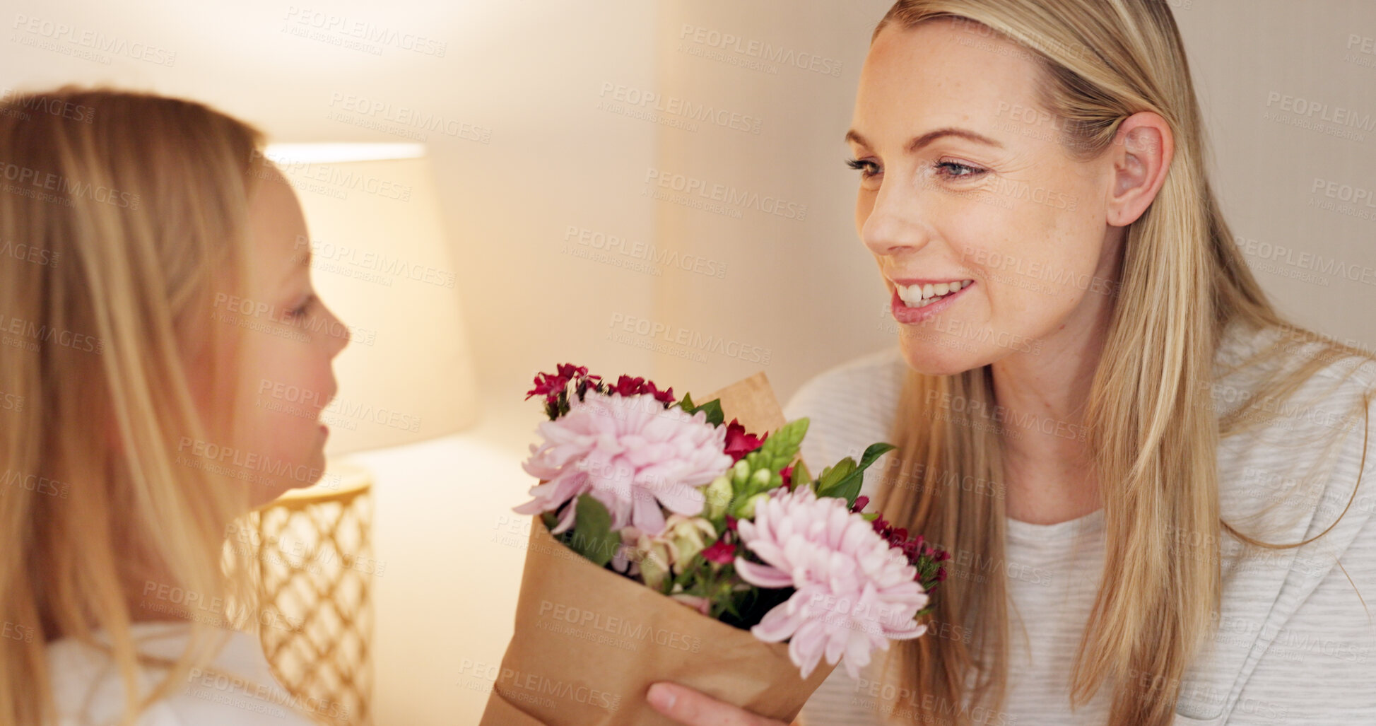 Buy stock photo Mothers day gift, flowers and happy child in congratulations for birthday of family bonding together in home. Bouquet present, girl and mom smile in gratitude, love and holiday celebration of women.